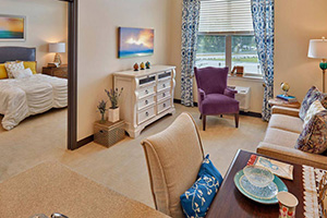 Assisted living bedroom and living room at North Houston Transitional Care